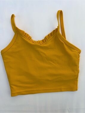 Girls Mustard Yellow Ribbed Dance Crop Top with Ruffle Neckline